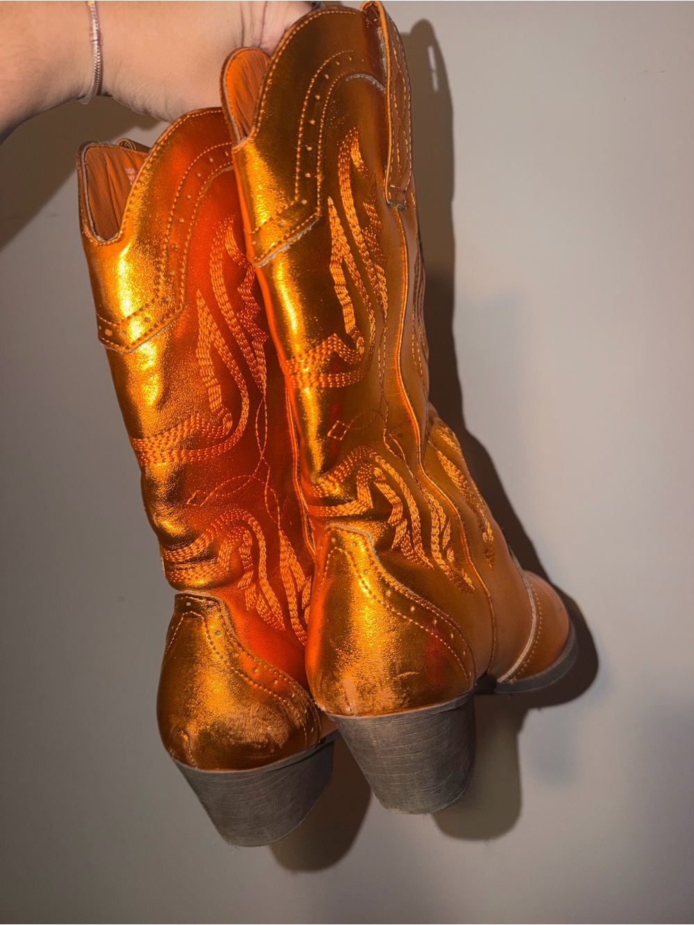Metallic Orange Western Mid-Calf Boots for Women